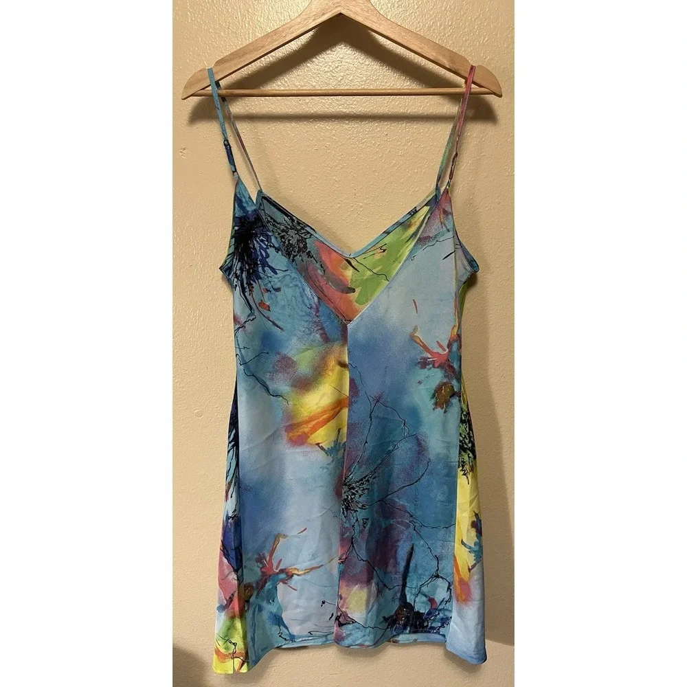 Natori‎ Private Luxuries Watercolor Slip Dress Floral Rainbow Multicolor Size S